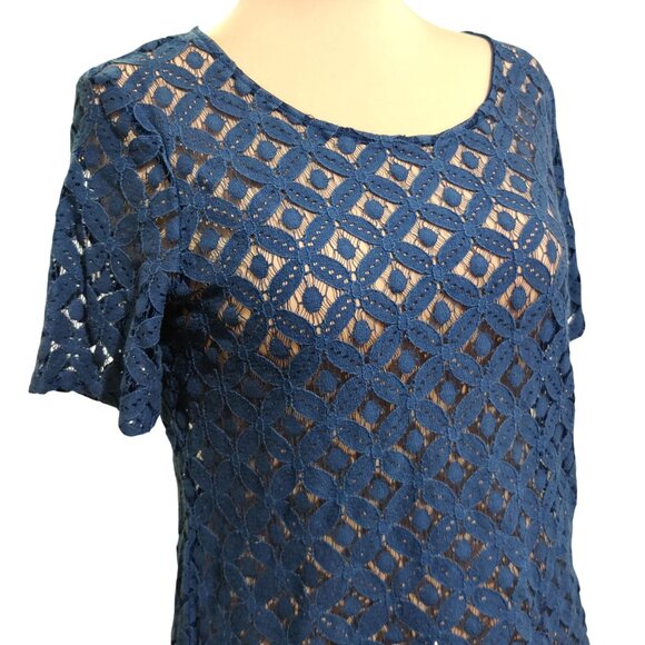 Per Seption Concept XL Navy Blue Lace Crochet Open Back Blouse Sheer Floral Chic - Picture 2 of 6